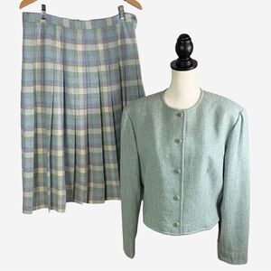 Vintage Pendleton Wool Jacket & Pleated Midi Skirt Size 18 Green Lavender Plaid